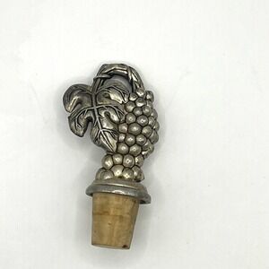 Vintage Silver Toned Grapes Heavy Metal Wine Cork Bottle Stopper Leaves 3.5"‎